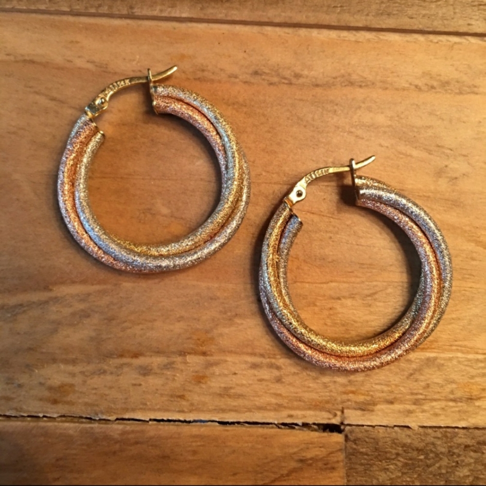 Pure 14k Gold Sparkling Tricolor Hoop Earrings